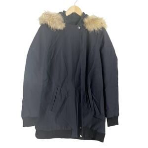 Maje Dark Blue Raccoon Fur Trim Hooded Sherpa Parka Coat Size Large